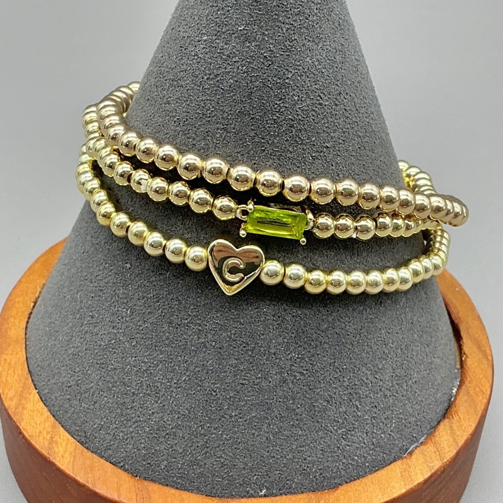 Beaded Stretch Bracelet Set Womens Gold Tone Heart Initial C Green Stone 3pc